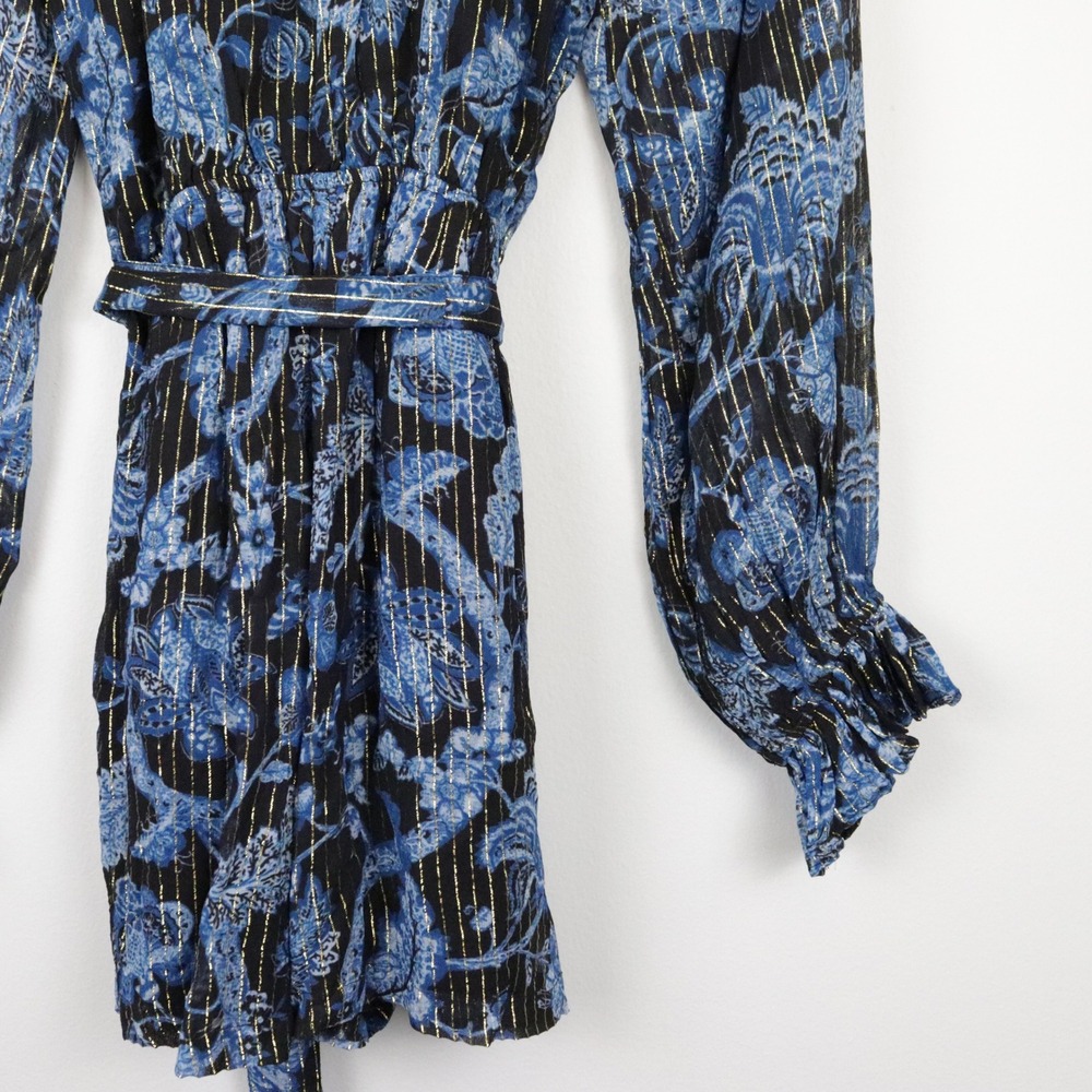 NWT Hemant and Nandita x Revolve Nitara Romper Large Floral Blue Black Belted - Picture 6 of 14
